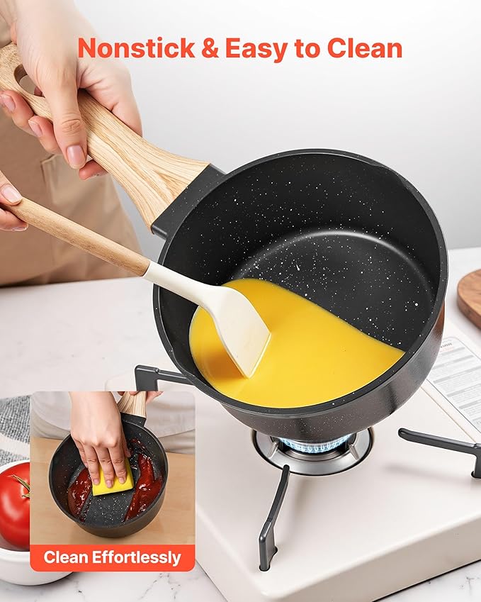 VEVOR Saucepan Set, 1.5 QT & 2.5 QT Nonstick Saucepan with Glass Lids, Multipurpose Cooking Sauce Pots with Detachable Handles, Sauce Pan Kitchen Cooking Pot with Coating, Induction Compatible, Black