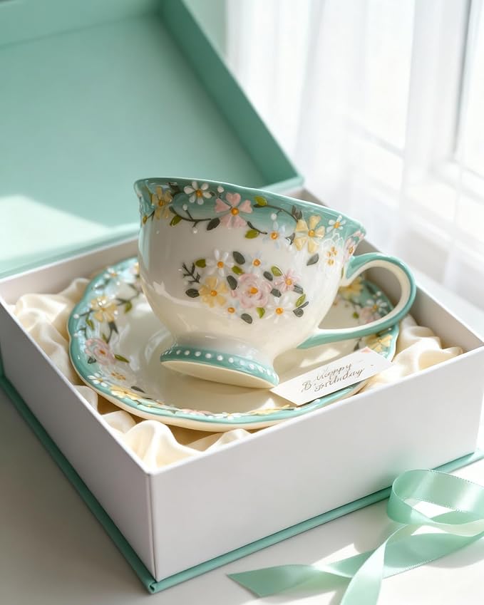 Exquisite Bone China Tea Cups and Saucer Set – Elegant Porcelain Tea Cups, Beautifully Detailed for Tea Lovers, Gift-Ready for Christmas, Hostess, Holiday Gift & Fall Decor