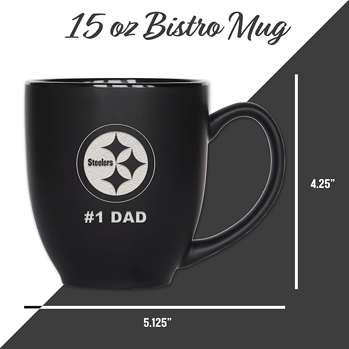 Rico Industries NFL Football #1 Dad 15oz Laser Engraved Matte Black Ceramic Bistro Mug - for Hot or Cold Drinks