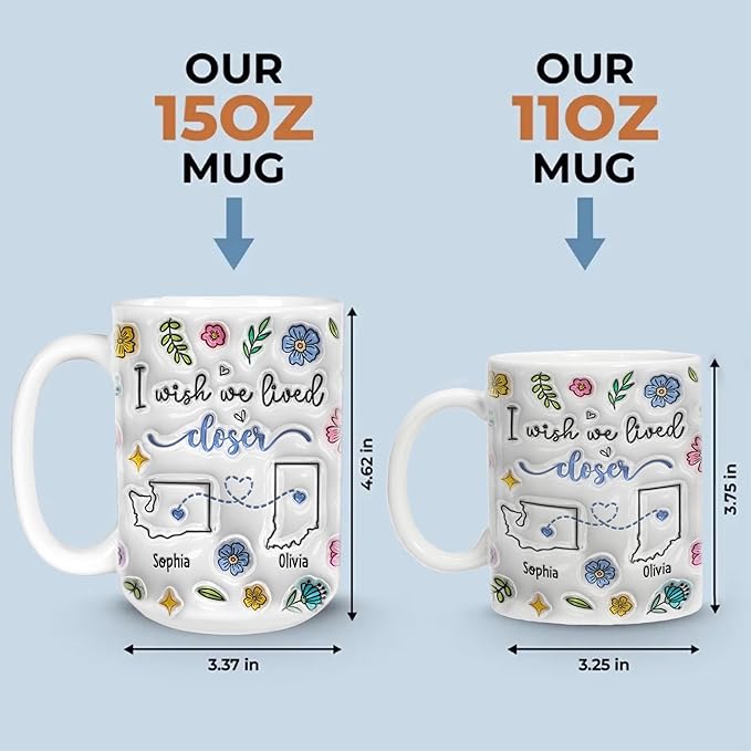 I Wish We Lived Closer Tumbler, Personalized 3D Inflated Effect Mugs Long Distance Friendship Gift, Custom State To State Mug, Going Away Gifts For Sister Best Friend Women