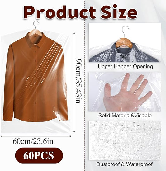 60 Pcs Dry Cleaning Bags, 35.4 x 23.6 In Clear Plastic Garment Bags for Coat Shirt Dust-Proof Clothing Storage Bag for Home, Dry Cleaners, Travel