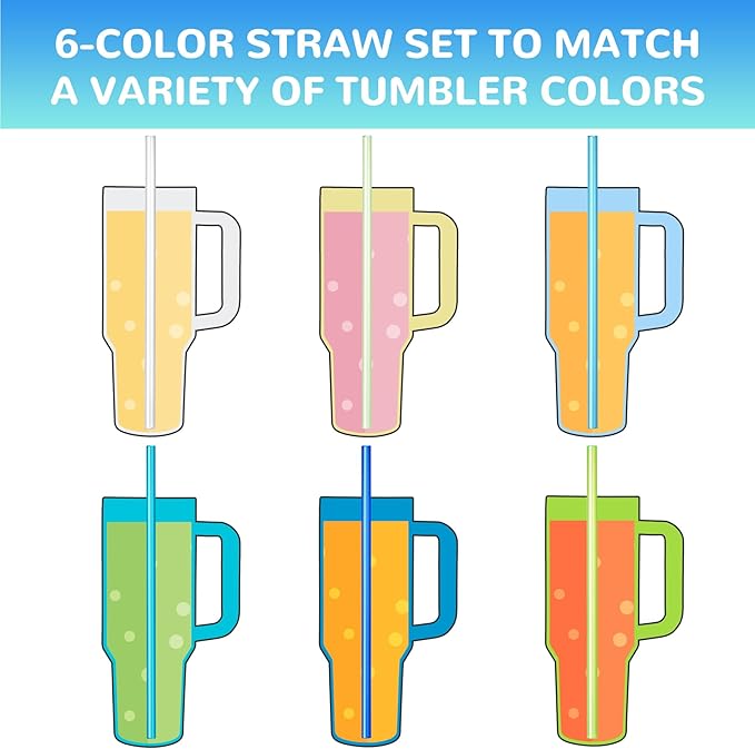 NiHome 12-Pack Plastic Reusable Drinking Straws for Stanley 40 oz 30oz 64 oz Tumbler, 6 Color 12 In Reusable Straws Fit for Stanley Cups w/ 2 Brushes, BPA-Free for Cold & Hot Beverages (Gradient Blue)