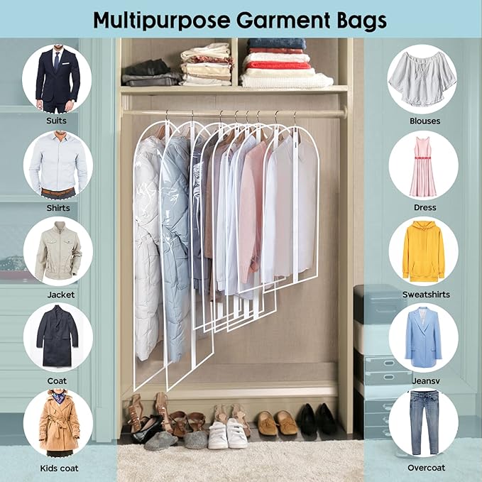Garment Bags for Hanging Clothes, SMINDER Clear Plastic Bags Full Zipper PEVA Breathable Lightweight Garment Covers for Closet Storage, Suitable for Shirts, Jackets, Gowns (Mixed Set/12 Pack)