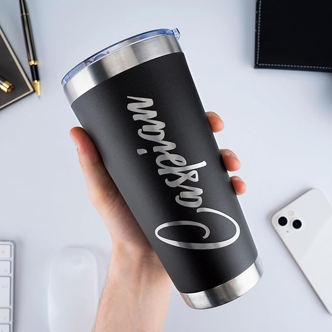 Updated, Personalized Tumblers, Stainless Steel 30 oz Tumbler w/Lid |13 Designs| Personalized Cups Double Walled Insulated Coffee Cup for Travel, Fitness | Hot & Cold Drink Use - Black