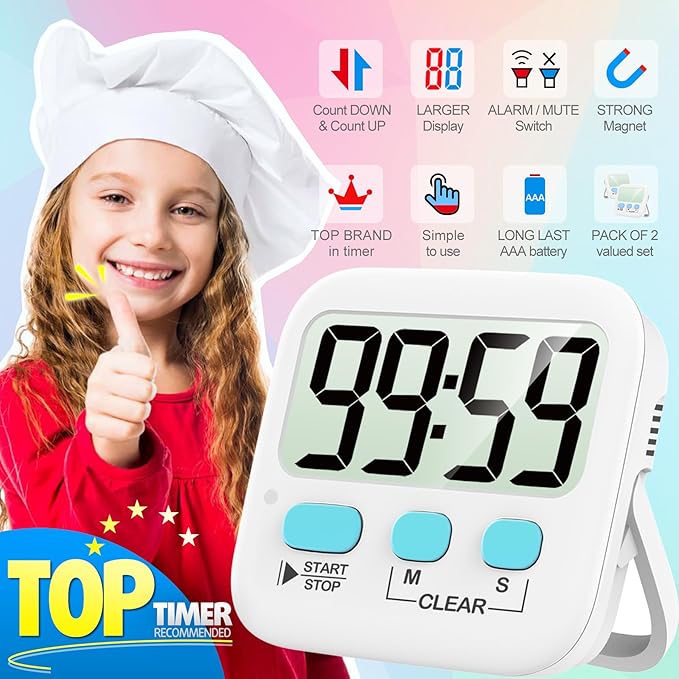 Antonki 2 Pack Digital Timer for Kids, Magnetic Countdown Kitchen Timers for Cooking, Egg, Classroom, Teacher, Exercise, Study, Oven - Battery Included