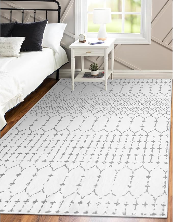 Lahome Moroccan Living Room Area Rug - Washable Rugs 4x6 Non-Slip Soft Throw Rugs for Bedroom White Lightweight Large Rug, Modern Geometric Print Low-Pile Capet for Classroom Office Dining Room(White)