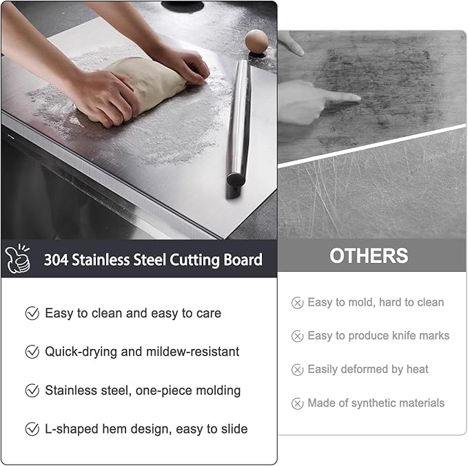 304 Stainless Steel Cutting Board – Stainless Steel Kitchen Chopping Boards Non-Slip, Dishwasher Safe – Ideal for Meat, Vegetables, Fruits, Bread & Baking – Commercial & Home Use (31.5 * 19.6in)