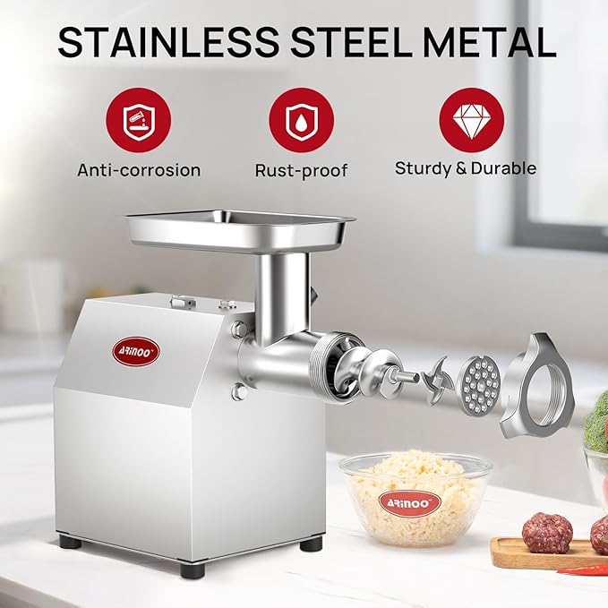 Commercial Electric Meat Grinder #8, 0.5HP Heavy Duty Industrial Stainless Steel Meat Mincer, Sausage Stuffer with 2 Blades, 2 Plates & 3 Sausage Tubes, Meat Grinder Machine for Kitchen,Restaurant