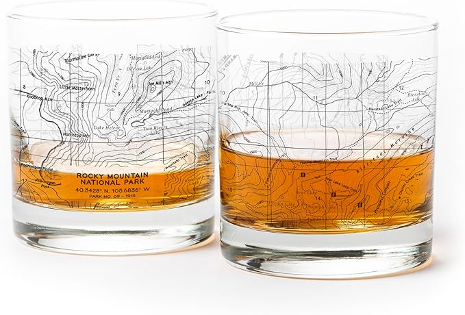Black Lantern Whiskey Glasses - National Park Topographic Map Old Fashioned Glasses - 11oz. Rock Glass Set of 2 - Cocktail & Everyday Use Drinking Glasses - Dishwasher Safe (Rocky Mountain)