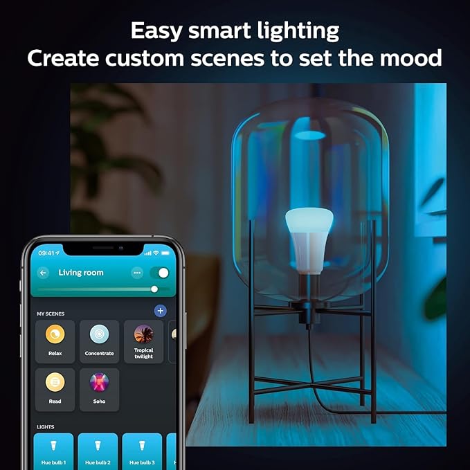 Philips Hue A19 LED Smart Light Bulb - White and Color Ambiance - 60W Indoor Light Bulb - Control with Hue App - Compatible with Alexa, Google Assistant and Apple Homekit - 3 Pack