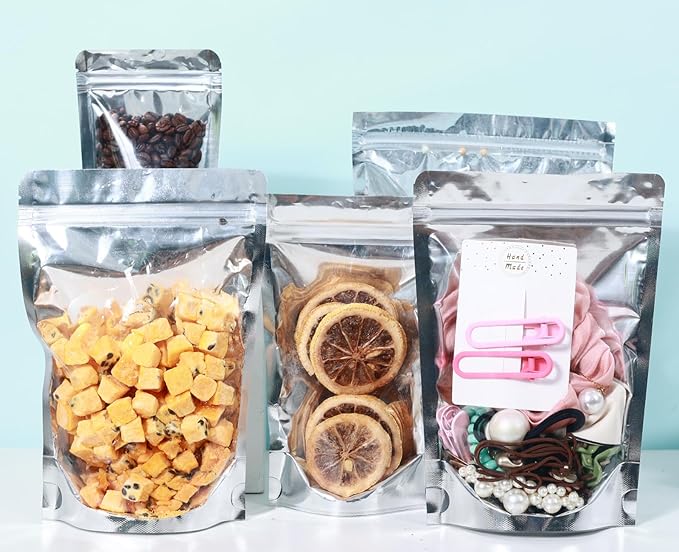 150-pack 7” x 10” Stand Up Mylar Bags with Clear Window 1 Quart Resealable Silver Aluminum Foil Pouches for Food Storage Smell Proof Edible Packaging Bag for Small Business Bulk