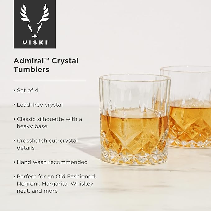 Viski Admiral Crystal Whiskey Tumbler Set, Classic Lowball Cocktail Glasses, Crystal Clear Drinking Glasses for Bourbon, Scotch, Spirits, Neat Pours, Gifts for Men, Home Bar, 10 oz, Set of 4