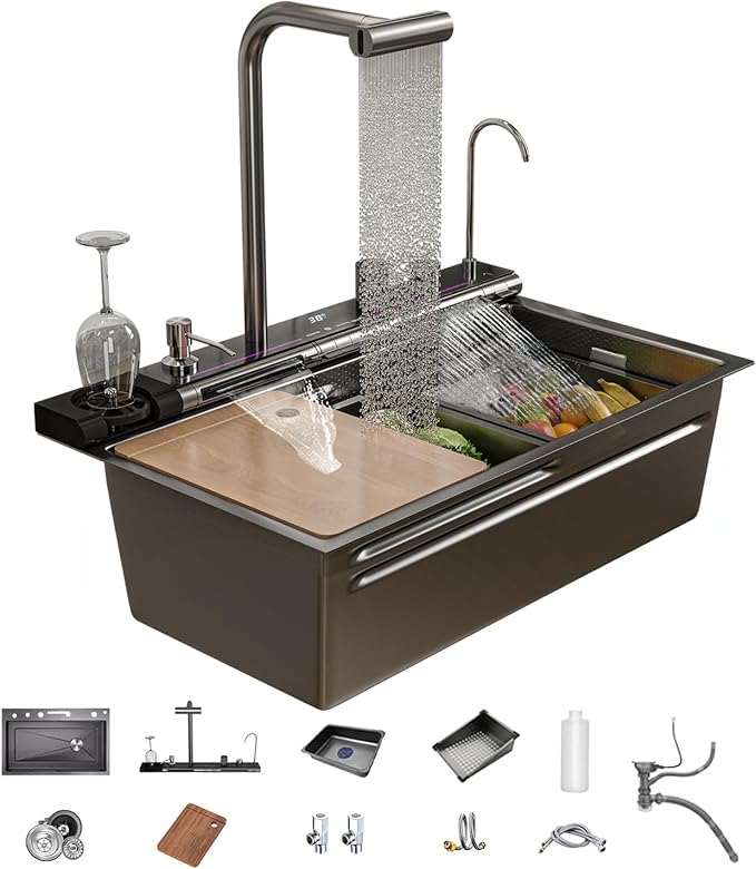 Dual Waterfall Kitchen Sink Modern Kitchen Sink Single Bowl Digital Smart Sink with Soap Dispenser Stainless Steel Sink with Pull-Out Faucet Workstation Sink with Honeycomb(29.5x18.1in)