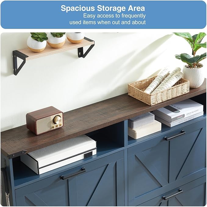 Shoe Storage Cabinet,Farmhouse Shoe Organizer with 4 Flip Drawers & Barn Door Design,Freestanding Hidden Slim Narrow Shoe Rack Cabinet with Open Shelves for Entryway,Foyer,Hallway,Navy Blue
