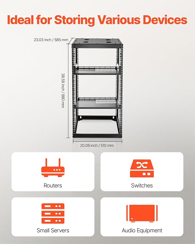 VEVOR 20U Server Rack, Open Frame Network Rack,4-Post Floor Standing or Wall Mounted, Includes 2PCS Vented 1U Rack Shelves & Mounting Hardware, Computer Wall Rack for 19" IT/AV Equipment