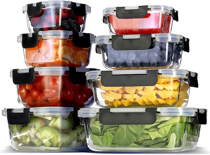 EATEX 16pc Glass Food Storage Containers with Lids, Airtight Glass Meal Prep Containers, 8 Reusable Food Storage Bins with 8 Leakproof Snap Lock Lids, Oven Microwave Freezer Safe Lunch Containers