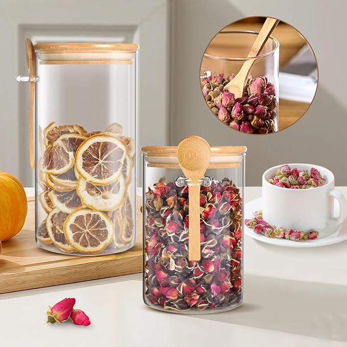 Glass Storage Containers 25oz/ 33oz/ 44oz with Bamboo Lids and Spoons, Glass Food Storage Jar with Lids, Kitchen Canisters Pantry Organizers for Cookie Tea Coffee Bean Overnight Oats (Set of 3)