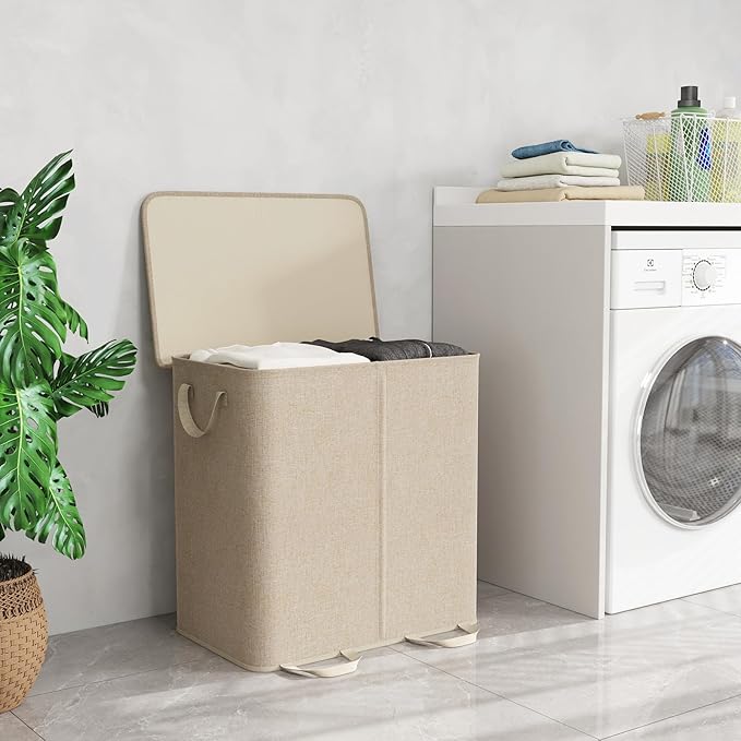 Lifewit Double Laundry Hamper with Lid and Removable Laundry Bags, Large Collapsible 2 Dividers Dirty Clothes Basket with Handles for Bedroom, Laundry Room, Closet, Bathroom, College, 136L Beige