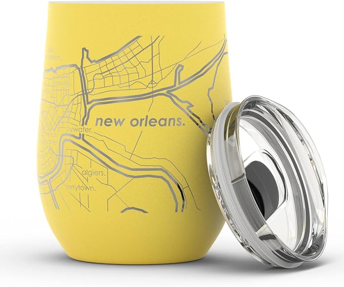 Well Told Engraved New Orleans LA Map Insulated Wine Tumbler, Etched Stainless Steel Cup (12 oz, Sunrise Yellow) City Map Insulated Tumbler, Custom Insulated Tumbler, Outdoor Drinkware