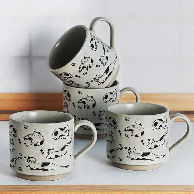 Stackable Coffee Mugs Set of 4, Aesthetic Cute 10 OZ Small Ceramic Espresso Cups Vintage Stoneware Tea Cup for Cappuccino Latte, Cat
