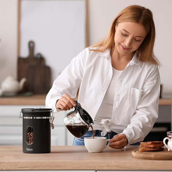 Veken Coffee Canister set with Window, Airtight Stainless Steel Kitchen Food Storage Container with Date Tracker and Scoop for Grounds Coffee, Beans, Tea, Flour, Cereal, Sugar, 22&16OZ,Black