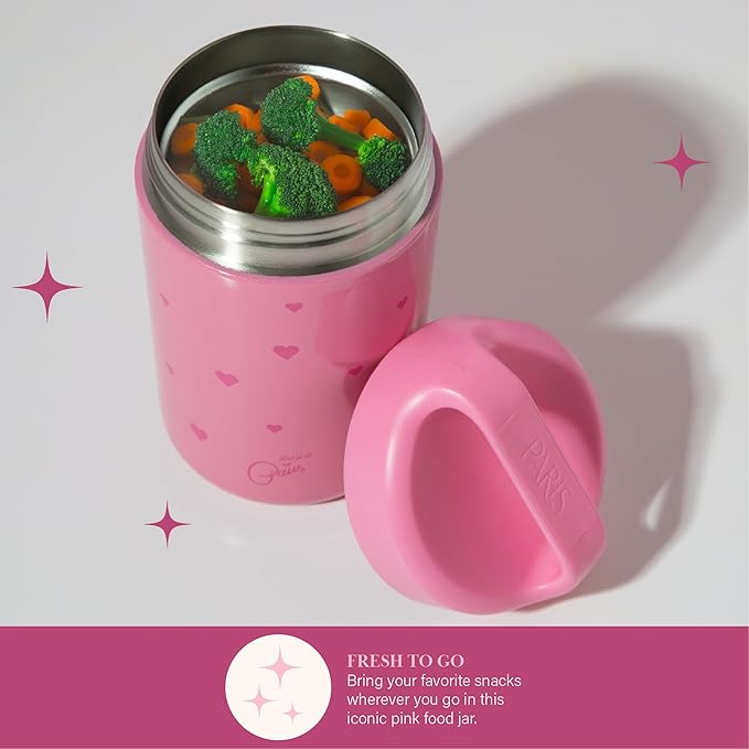 Paris Hilton Stainless Steel Food Jar, Double Wall Vacuum Sealed Insulated Food Storage Container with Carry Handle Lid, 16-Ounce, Pink with Heart Design (Pack of 4)