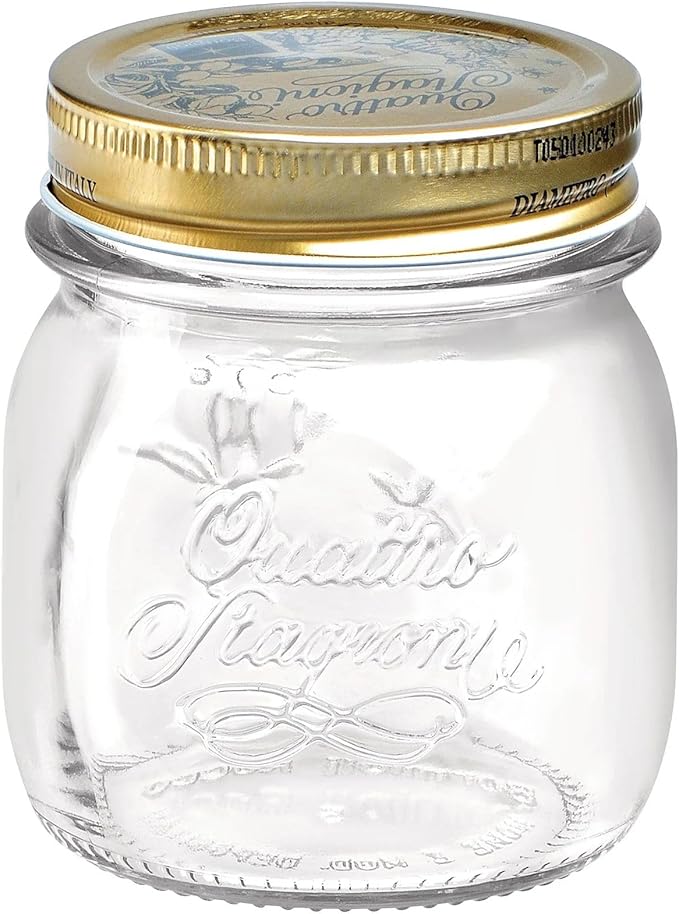 Bormioli Rocco Quattro Stagioni Small Glass Mason Jars 8.5 Ounce Mini Jars 12-Pack, with Metal Airtight Lid, For Jam, Jelly, baby food, Crafts, Spices, Dry Food Storage, Wedding favors, Decorating Jar