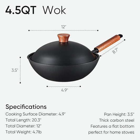 CAROTE 12" Carbon Steel Wok Pan, 4.5QT Woks & Stir-fry Pans, No Chemical Coated Pre-Seasoned Flat Bottom Wok with Lid for Stir Fry, BBQ, Grill & Camping, All Stovetop Compatible, Black