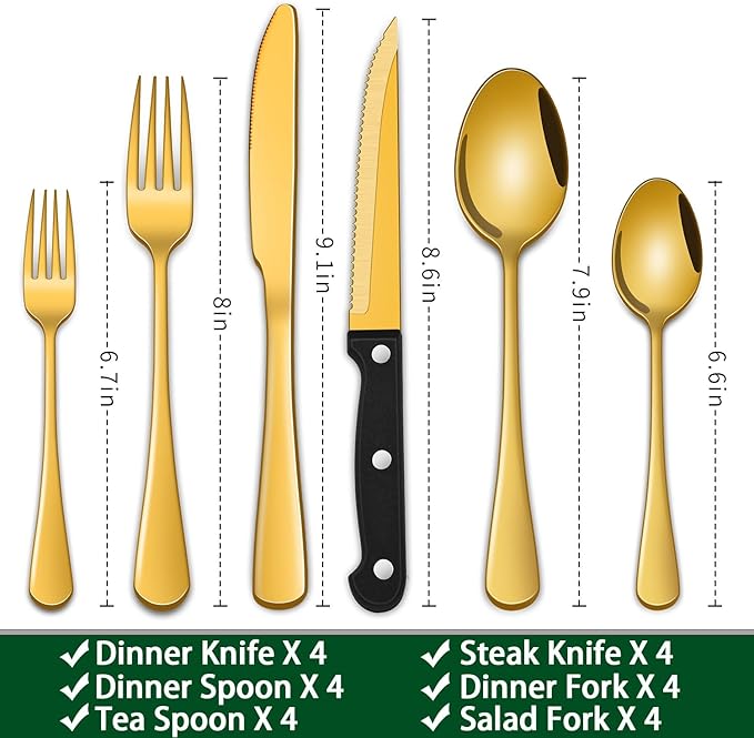 30 PCs Gold Flatware Sets Service For 6 Person,Shiny Gold Stainless Steel Silverware Sets Dinner Knives Fork And Spoons For Home Party And Wedding