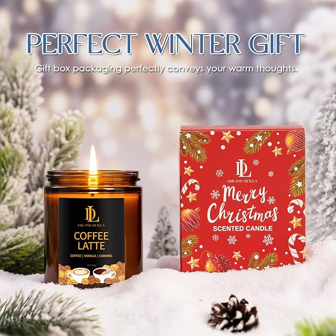 Winter Candle Coffee Latte Scented, Natural Soy Candles for Home Scented, 7oz Holiday Candle with 50hr Burn Time, Aromatherapy Candles Winter Holiday Gifts for Women Men