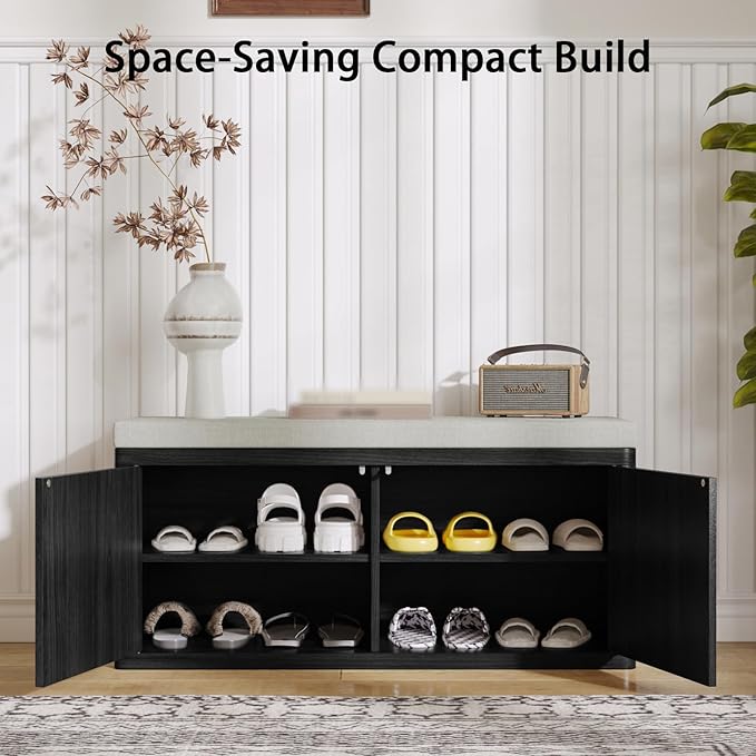Entryway Shoe Storage Bench with 2" Cushion, 37.4" Small Bench with Shoe Rack, Cabinet Organizer for Hallway，Bedroom End of Bed, Black