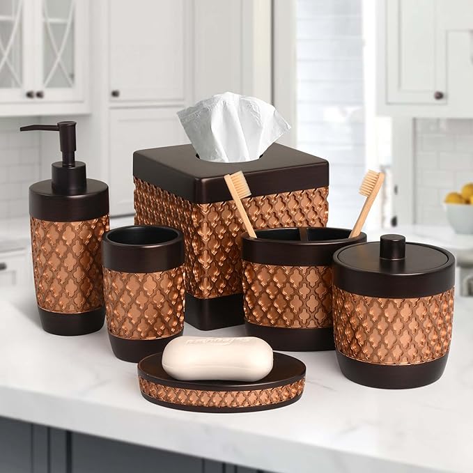 Decozen Bathroom Accessories Set 6Pcs – Soap Dispenser, Toothbrush Holder, Tumbler, Soap Dish & Cotton Swab Jar – Modern Bathroom Decor, Bath Set for Christmas Decor, Wally