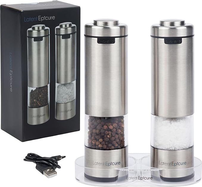 Electric Salt & Pepper Grinder Set – USB-C Rechargeable Stainless-Steel Mills & Shakers with LED Light, Adjustable Ceramic Grinders & Acrylic Rest Tray