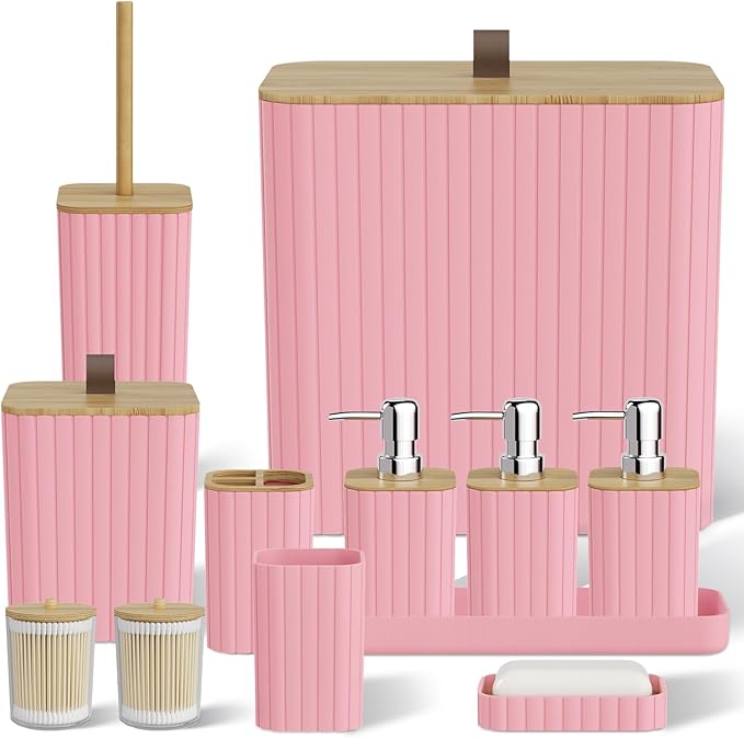 Bathroom Accessory Set - Pink Bathroom Set, 12PC Bathroom Accessories Set, Pink Bathroom Accessories Set, Mini Trash Can, Toilet Brush, Trash Can & Soap Dispenser