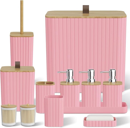 Bathroom Accessory Set - Pink Bathroom Set, 12PC Bathroom Accessories Set, Pink Bathroom Accessories Set, Mini Trash Can, Toilet Brush, Trash Can & Soap Dispenser