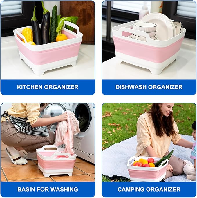 Collapsible Dish Basin, 2.4 Gallon Foldable Kitchen Sink with Drain Plug for Space-Saving Dish Washing, Vegetable & Baby Bottle Cleaning