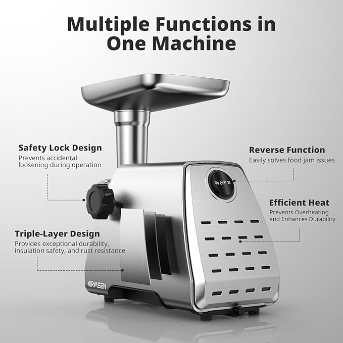 AIRMSEN Electric Meat Grinder & Mincer – Heavy Duty Professional Stainless Steel Sausage Maker & Stuffer with 3 Plates, 2 Stainless Blades & Kubbe Kit – Fast, Quiet, Easy to Clean for Home Kitchen Use