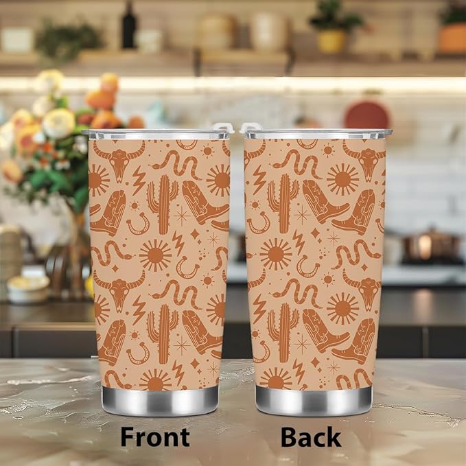jeilink Birthday Christmas Decor Boho Western Coffee Tumbler, 20 oz Tumblers, Insulated Coffee Mug, Stainless Steel Thermal Cup Travel Coffee Cup, Cow Print Stuff Western Gifts for Women Men Coworker
