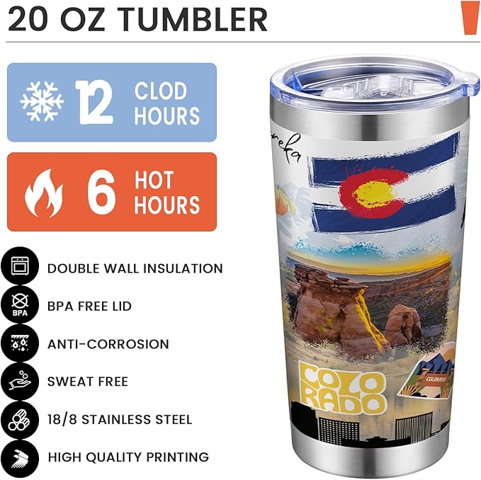 20oz Insulated Tumbler Colorado State Coffee Mug, United States Map Travel Mug Landmark, Birthday Gifts Cute Custom Tumbler Cups with Lid and Straw Mothers Day Gifts