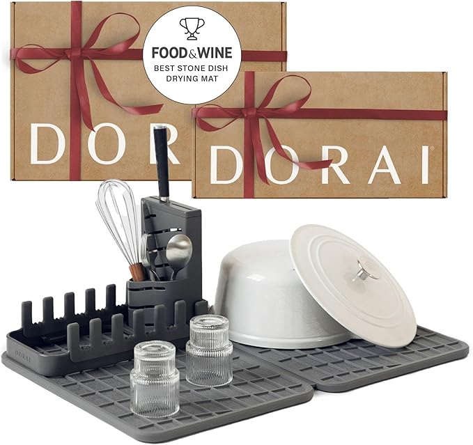 Dorai Home Collapsible Dish Drying Rack and Stone Dish Pad – Large Foldable Drying Rack with Instant - Dry Stone Mat –Space-Saving Drainer Rack for Kitchen Counter - 24.6" x 16.5", Slate