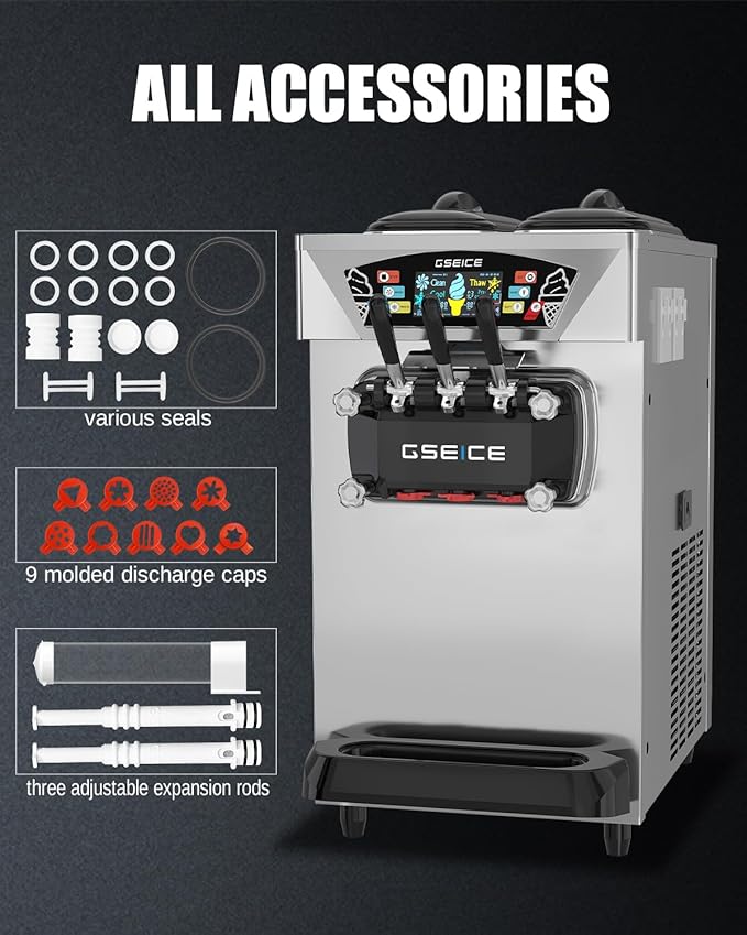 Commercial Ice Cream Maker, 6.8-8.4 Gal/H, 2*8L Hopper 110V 2500W Countertop Soft Serve Ice Cream Machine, 3 Flavors Puffing Alarm Pre-Cooling For Shops Cafes Dessert Stores, Auto Clean & Touch Screen
