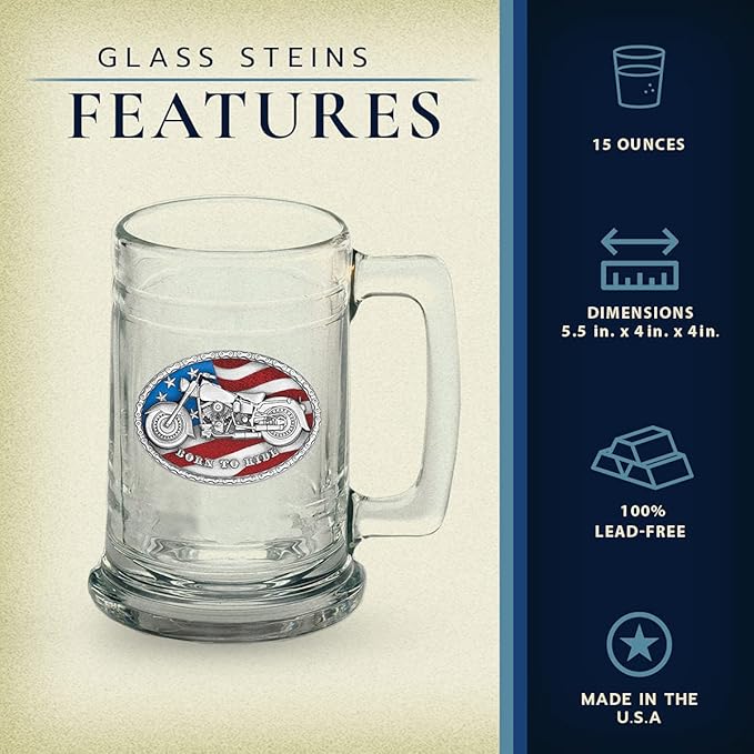 Heritage Pewter Motorcycle Beer Stein Glass | 15 Ounce German-Style Beer Glass | Intricately Crafted Metal Pewter Inlay