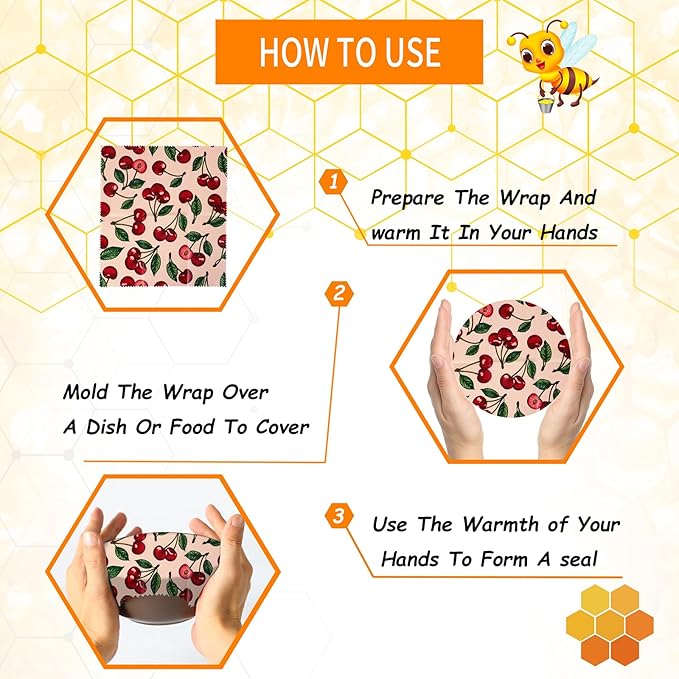 Reusable Beeswax Wrap, 4 Pack Eco-Friendly Beeswax Wraps For Food, Organic, Sustainable, Biodegradable, Zero Waste, Plastic-Free Food Storage, 1L Avocado, 1M Cherry, 1S Strawberry, 1XS Lemon Patterns