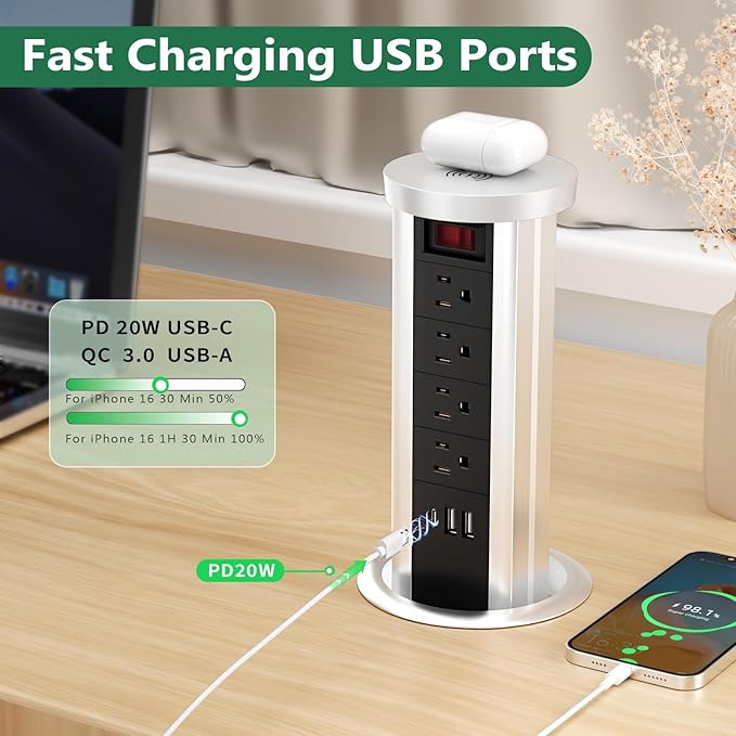 Pop Up Outlet Countertop with 10 W Wireless Charger, 4 Outlets,3 USB Ports, Splash Resistant, Automatic Pop Up Outlet for Kitchen Counter Islan, Office Conference Table