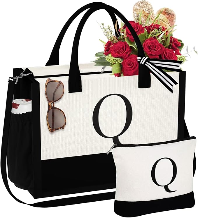 YOOLIFE Christmas Gifts for Women - Initial Tote Bag & Makeup Bag, Womens Christmas Stocking Stuffers Mom Wife Teacher Friend