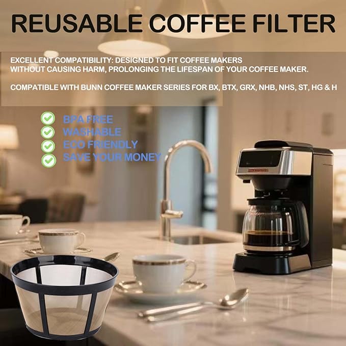 Blisshour Reusable Coffee Filter, Fits BUNN Coffee Maker and Brewer Replaces your Coffee Filter 8 10 12 Cup Basket and Permanent Coffee Filter (2PCS)