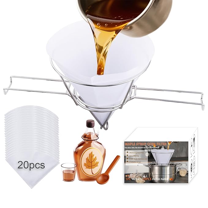 Maple Syrup Cone Filter Holder Stand, Stainless Steel Filter Strainer with 20pcs Cone Filter Paper & Folding Arms for Maple Syrup Making and Filtration of Cooking Oil, Kitchen, Food Truck, Restaurant