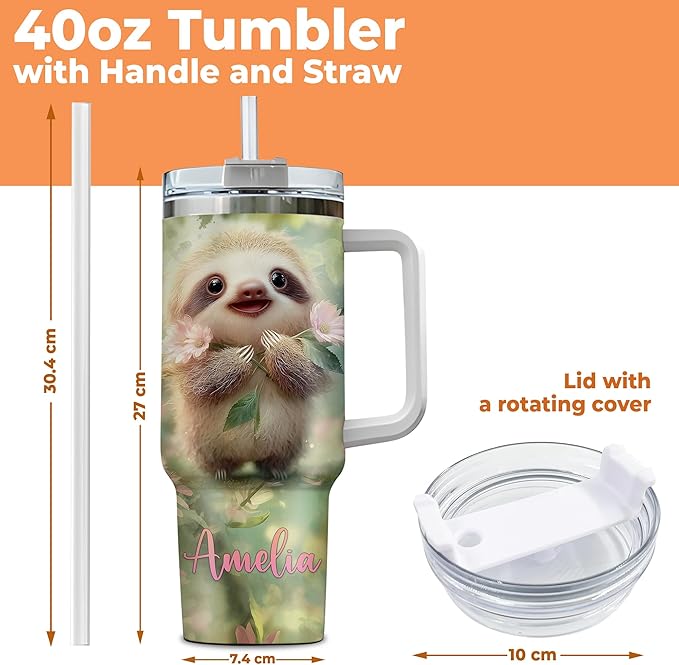 Personalized Sloth 40oz Tumbler with Handle and Straw Gifts for Sloth Lovers, Ideal Animal Lover Gifts For Women Girl, Unique Birthday Christmas Gift, Custom Name Stainless Steel Travel Cup