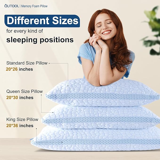 QUTOOL Enhanced Cooling Pillows Standard Size Set of 2,CertiPUR-US Shredded Memory Foam Pillows 2 Pack for Hot Sleeper,Adjustable Bed Pillow for Side,Back,Stomach Sleepers Support Yet Soft,Home Gifts