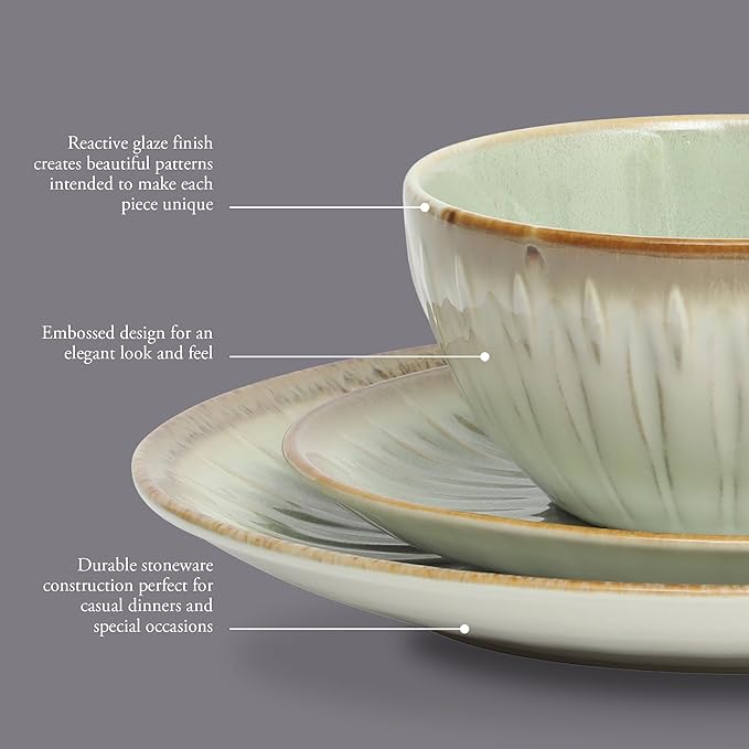 Gibson Elite Trescott Way 12-Piece Reactive Glaze Stoneware Dinnerware Set – Green Plates and Bowls